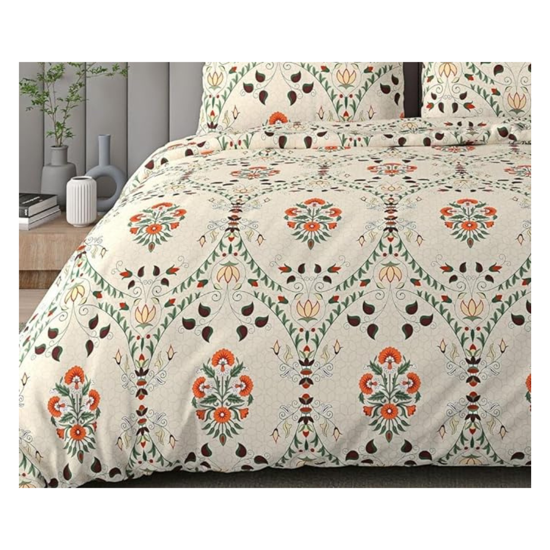 Decomizer Cotton Feel Printed King Size Double Bed Bedsheet With 2 Pillow Covers Beige Jaipuri Colour