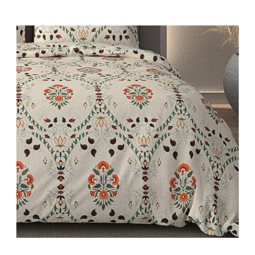 Decomizer Cotton Feel Printed King Size Double Bed Bedsheet With 2 Pillow Covers Beige Jaipuri Colour