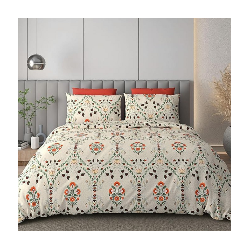 Decomizer Cotton Feel Printed King Size Double Bed Bedsheet With 2 Pillow Covers Beige Jaipuri Colour