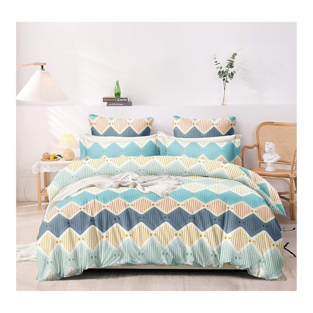 Decomizer Feel Glace Cotton Printed King Size Double Bed Bedsheet with 2 Pillow Covers Zigzag Sqaure Colour