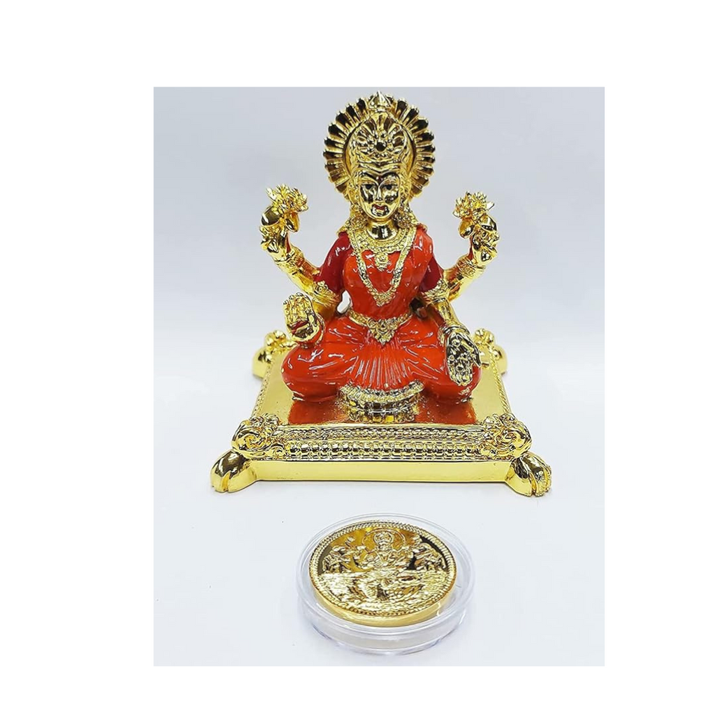 Gold Art India Pata Laxmi Gold Plated Idol for Mandir Orange Enamel Color Work with Gold Plated Coin