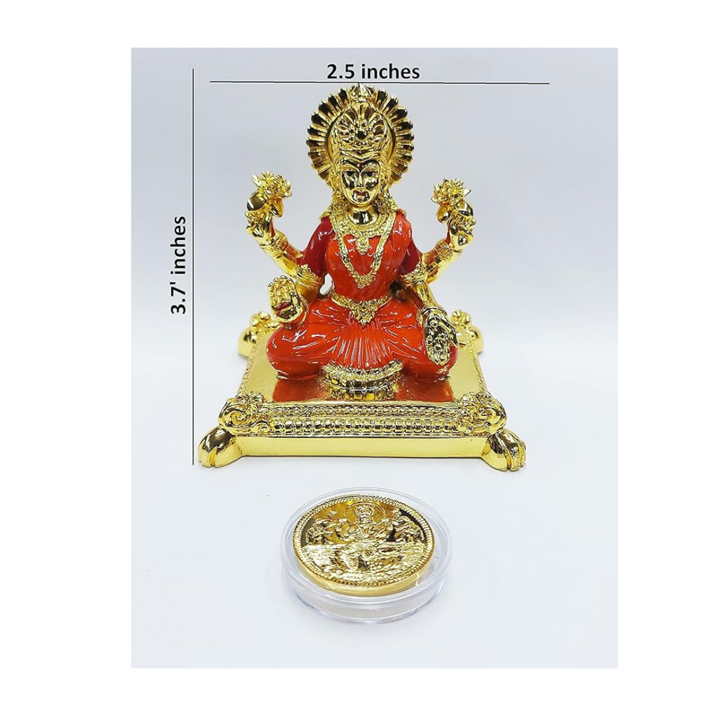Gold Art India Pata Laxmi Gold Plated Idol for Mandir Orange Enamel Color Work with Gold Plated Coin