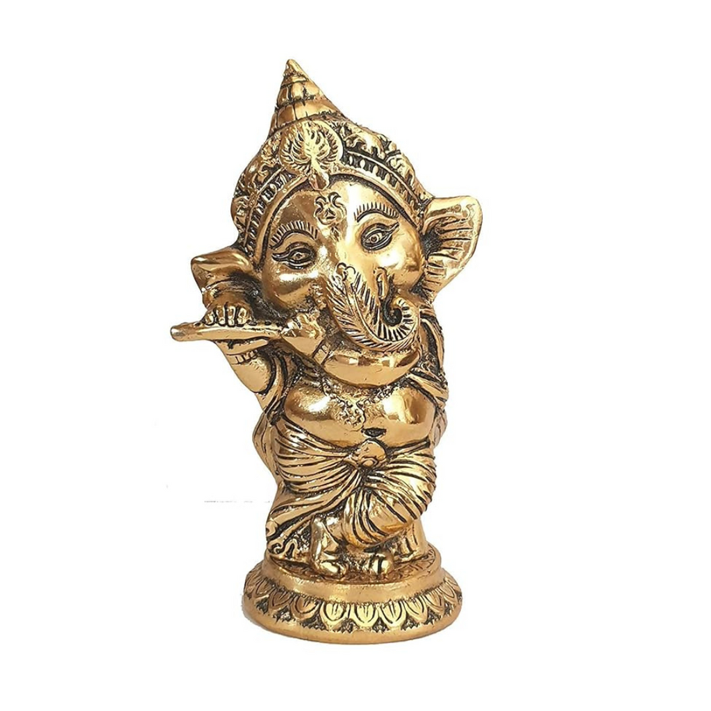 KridayKraft Metal Ganesha Playing Flute Murti Ganpati Metal Statue Home Decor Office Brass Color