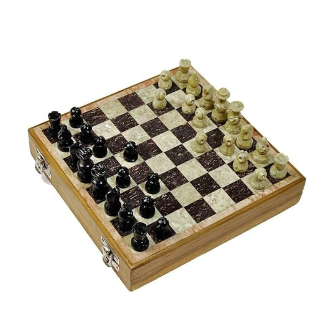 StonKraft 8" Wooden Chess Board Set with Stone Inlaid Work + Stone Chess Pieces