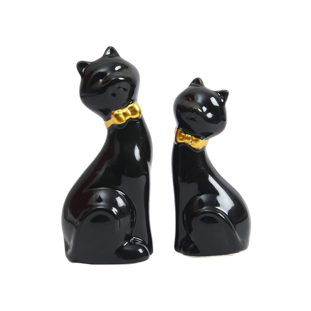 Tied Ribbons Set of 2 Mother Cat with Child Statue Showpiece Figurines Black Ceramic Decorative