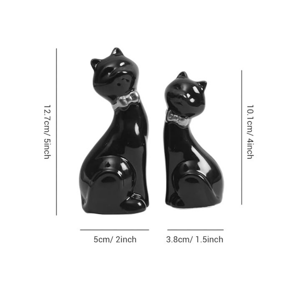 Tied Ribbons Set of 2 Mother Cat with Child Statue Showpiece Figurines Black Ceramic Decorative