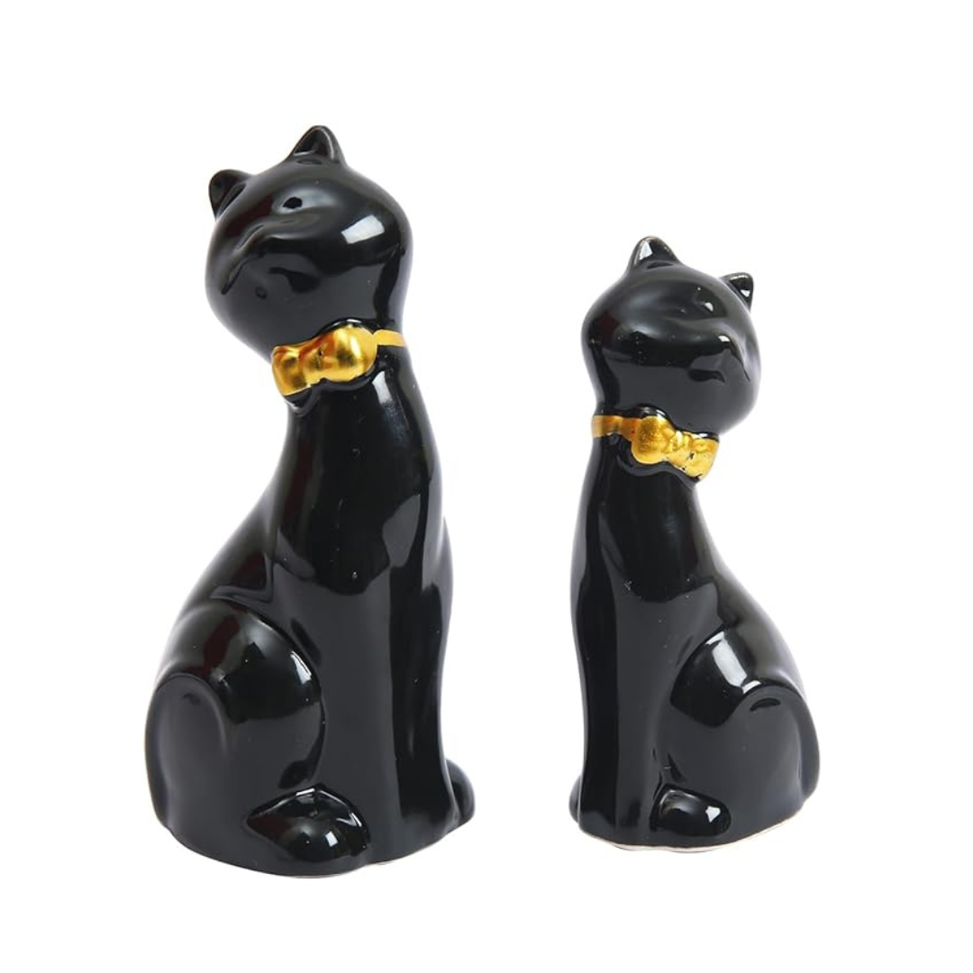 Tied Ribbons Set of 2 Mother Cat with Child Statue Showpiece Figurines Black Ceramic Decorative