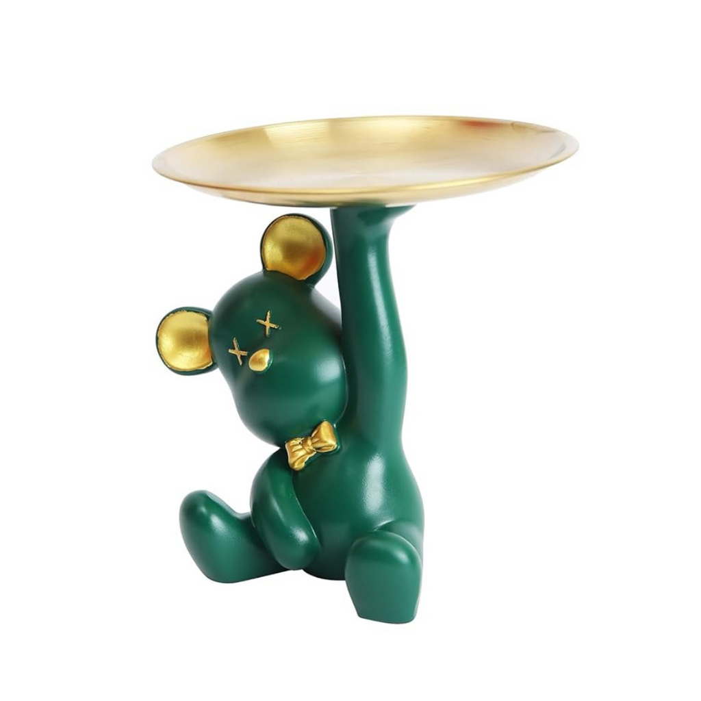 Tied Ribbons Bear Statue with Metal Tray Green Resin Organizer Jewellery Ring Candy Keys Holder