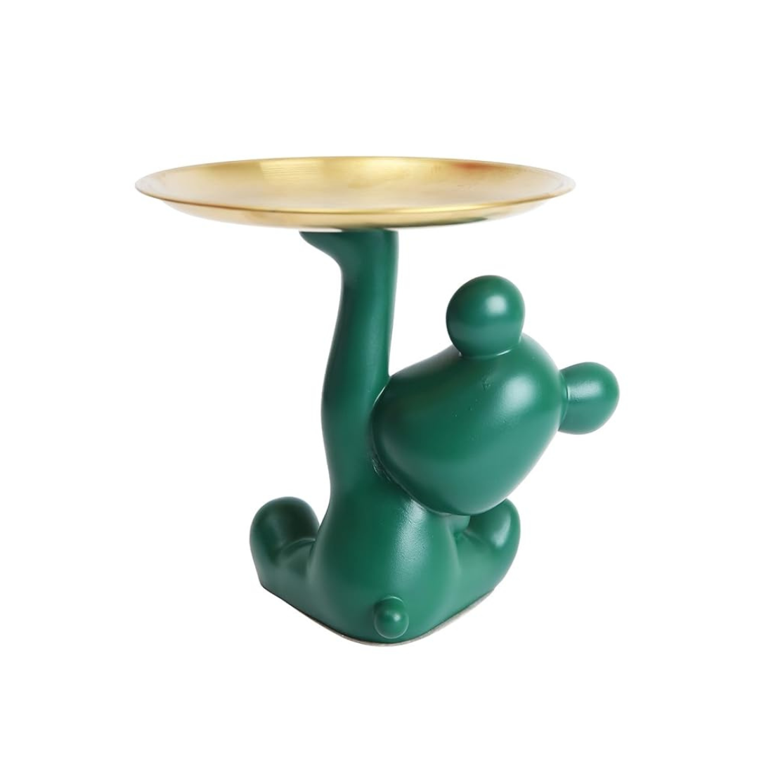 Tied Ribbons Bear Statue with Metal Tray Green Resin Organizer Jewellery Ring Candy Keys Holder