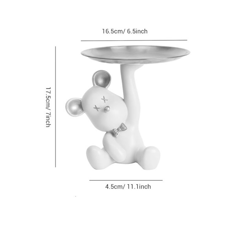 Tied Ribbons Bear Statue with Metal Tray Green Resin Organizer Jewellery Ring Candy Keys Holder