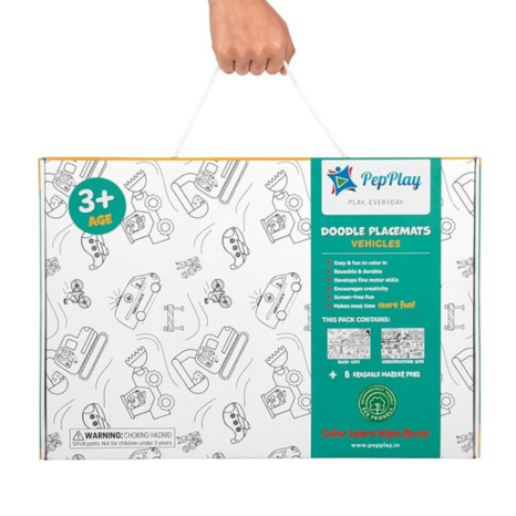 Pepplay Reusable Coloring Placemats Sheet with 8 Erasable Marker Pens Art Kit for Kids Vehicle Series