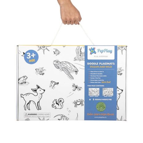 Pepplay Reusable Coloring Placemats Sheet with 8 Erasable Marker Pens Art Kit Ocean and Wild