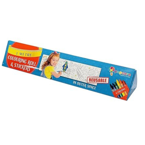 Popcorn Games & Puzzles Kid 1 Metre Reusable Colouring Rolls & Stickers with Crayons Featuring in Outer Space