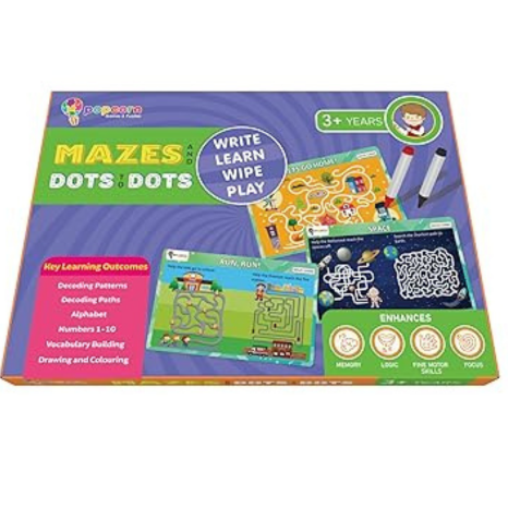 Popcorn Games & Puzzles Mazes and Dot to Dot Reusable Activity Mats with 2 Marker Pens Gifts