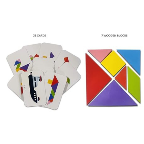 Popcorn Games & Puzzles Wooden Tangram For Kids With 36 Flash Cards Age 4+