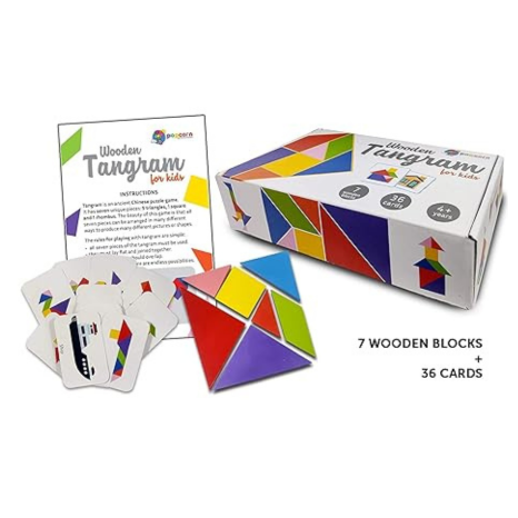 Popcorn Games & Puzzles Wooden Tangram For Kids With 36 Flash Cards Age 4+