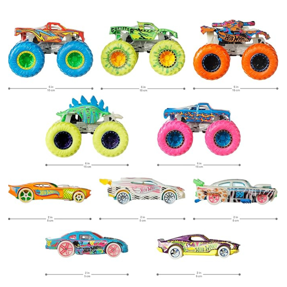 Hot Wheels Monster Trucks Glow in The Dark Multipack with 10 Toy Vehicles 5 Monster Trucks & 5 1:64 Scale Cars