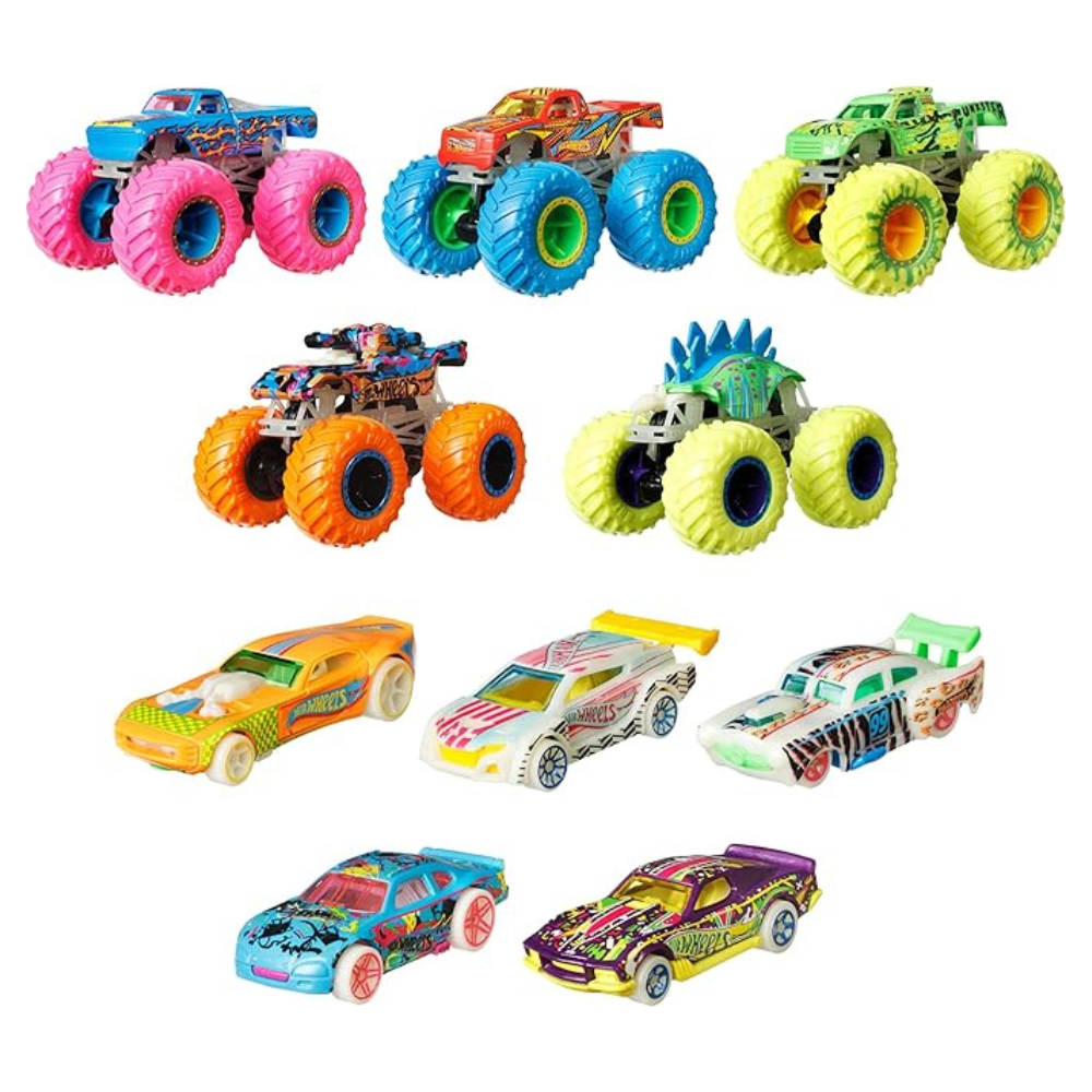 Hot Wheels Monster Trucks Glow in The Dark Multipack with 10 Toy Vehicles 5 Monster Trucks & 5 1:64 Scale Cars