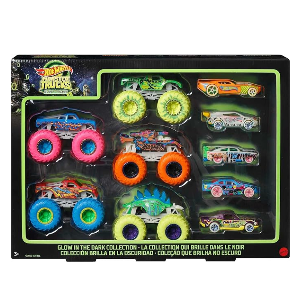 Hot Wheels Monster Trucks Glow in The Dark Multipack with 10 Toy Vehicles 5 Monster Trucks & 5 1:64 Scale Cars