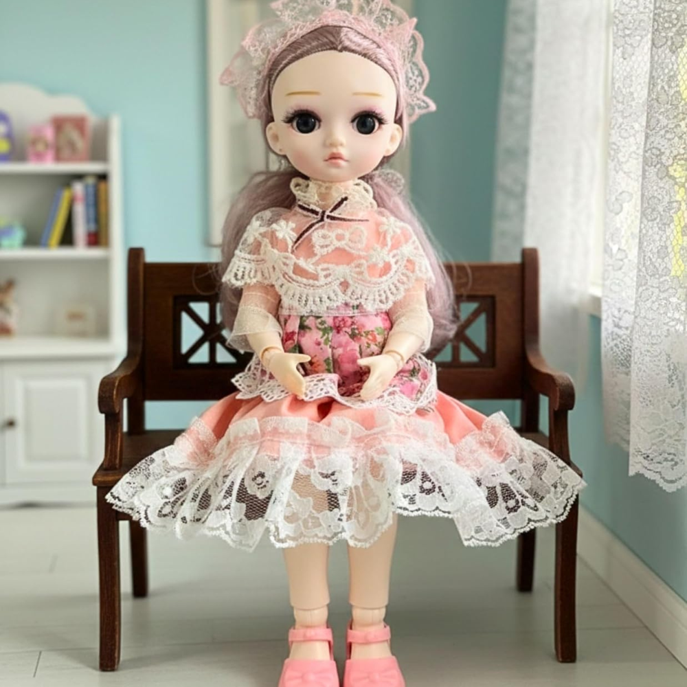 Tickles Movable Joints Cute Beautiful 3D Eyes Fashionable Doll with Frock 30 cm Color Pink & White