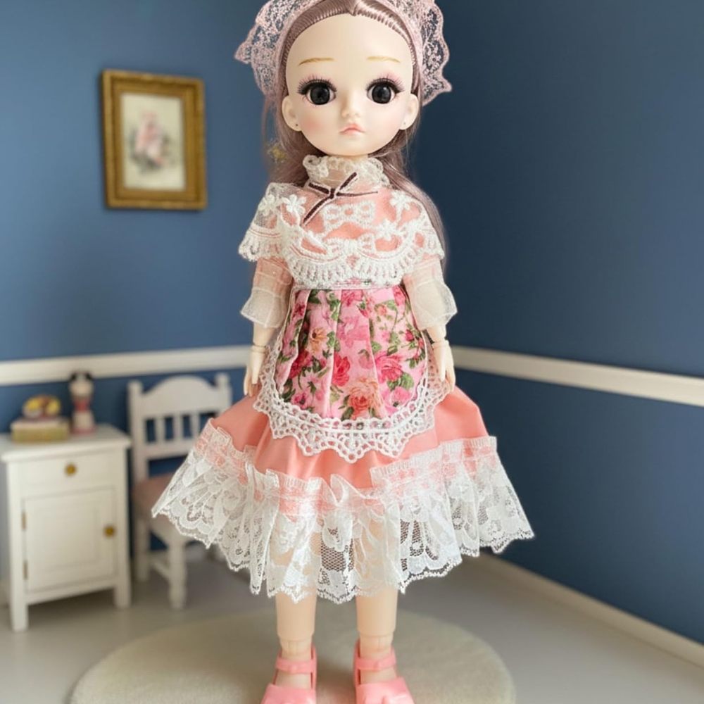 Tickles Movable Joints Cute Beautiful 3D Eyes Fashionable Doll with Frock 30 cm Color Pink & White