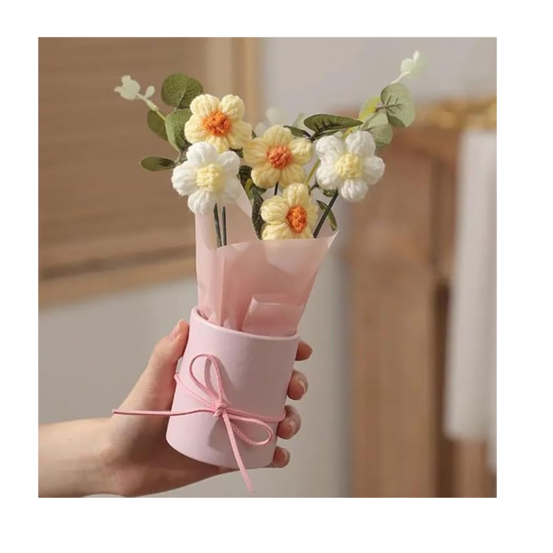 Artificial Crochet Flower Bouquet/Artificial Flowers Bunch Yellow Daisy Bouquet