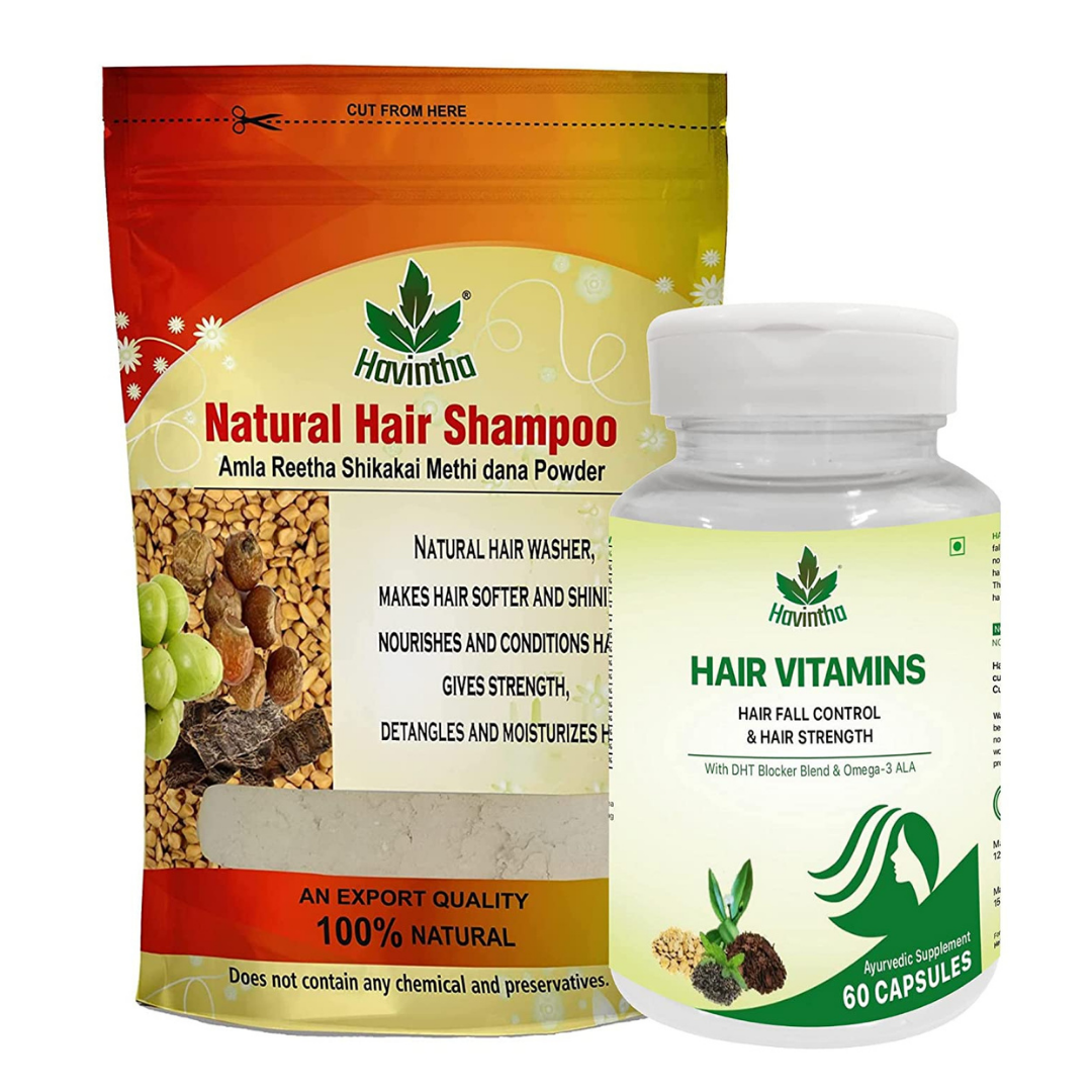 Havintha Natural Hair Shampoo With Amla, Reetha, Shikakai and Methi Dana (Advanced) 227gms And Plant Based Hair Vitamins Supplement with DHT Blocker - 60 Capsules