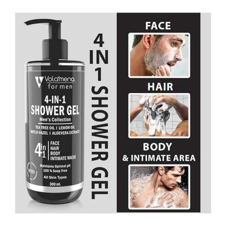 Volamena 4 in 1 Shower Gel Face Body Hair & Intimate Wash for Men - 300 ml