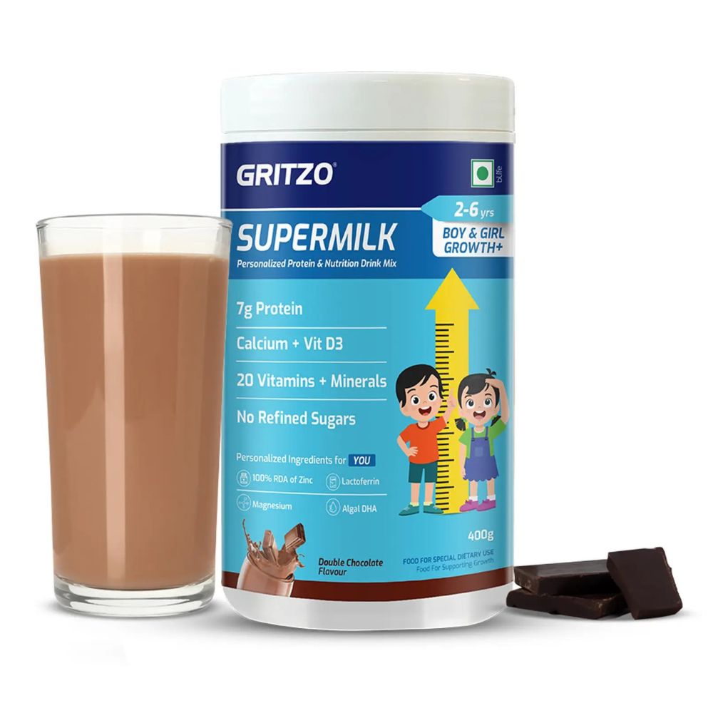 Gritzo SuperMilk Height+ (2-6y) 7g Protein Powder Double Chocolate - 400 gms
