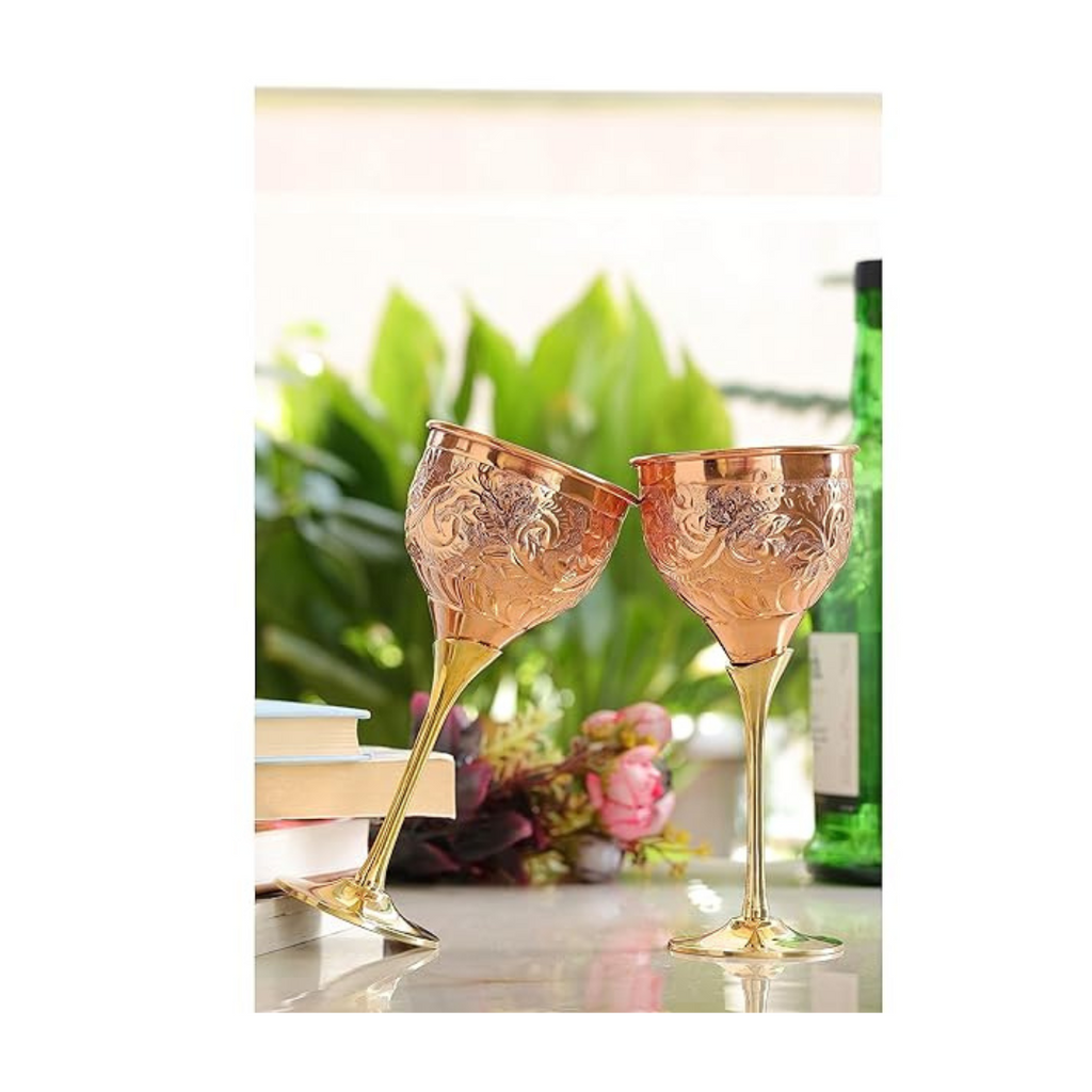 Indian Art Villa Copper Wine Glass With Brass Stand - 258 gms (Pack of 2)
