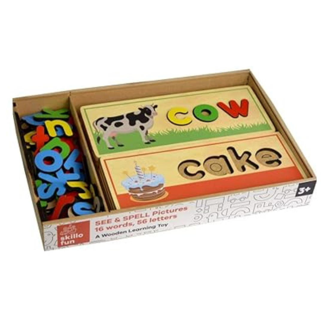 Skillofun Wooden See Spell Boards 56+ Letters 8 Boards Storage Box with lid Learning Puzzle
