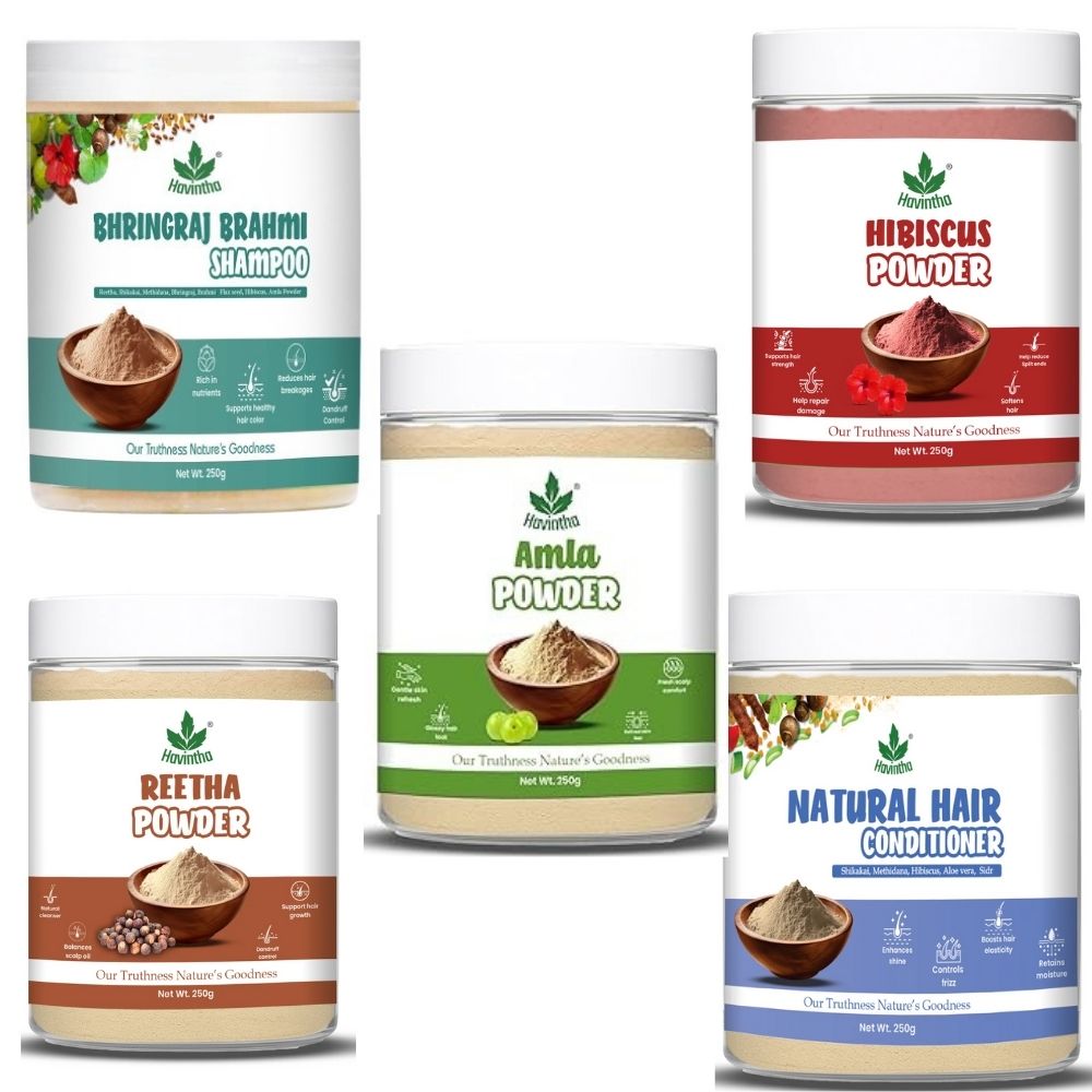 Havintha Amla Reetha Shikakai Bringraj & Hibiscus Powder For Hair - 250 Grams  Each (Combo Pack of 5)