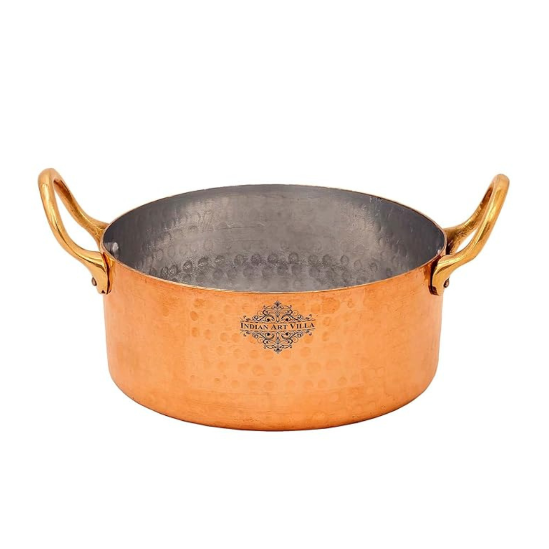 Indian Art Villa Copper Round Dish Pot with Inside Tin Lining & Brass Handle Diameter | 4.3 Inches
