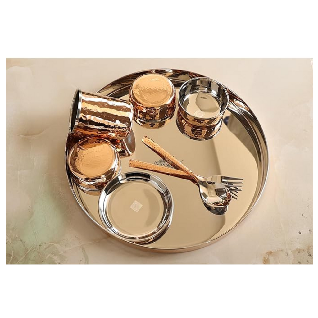 Indian Art Villa Steel Copper Hammered Design 8 Pieces Dinner Set