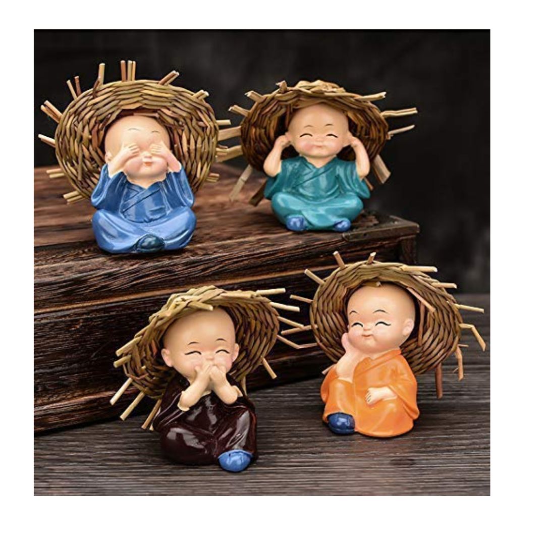 Nrson Set of 4 Baby Hat Monk Buddha Idols Showpiece for Car Dashboard/home HAT Buddha Monk-Moq