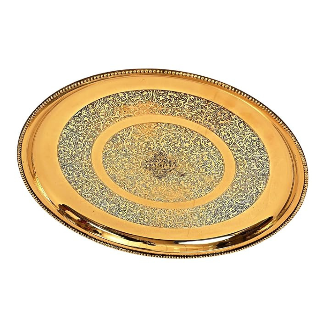 Indian Art Villa Brass Double Ring Floral Design Plate Diameter 12" Inch, Gold