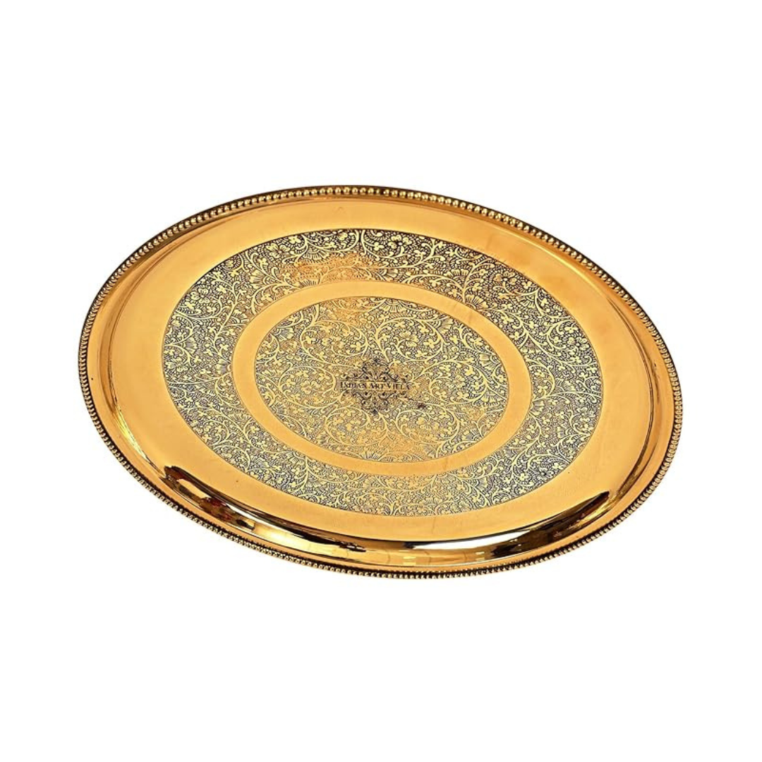 Indian Art Villa Brass Double Ring Floral Design Plate 13" Inch, Gold