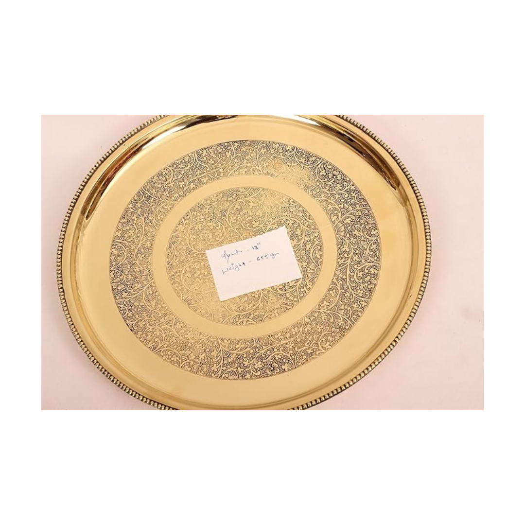 Indian Art Villa Brass Double Ring Floral Design Plate 13" Inch, Gold