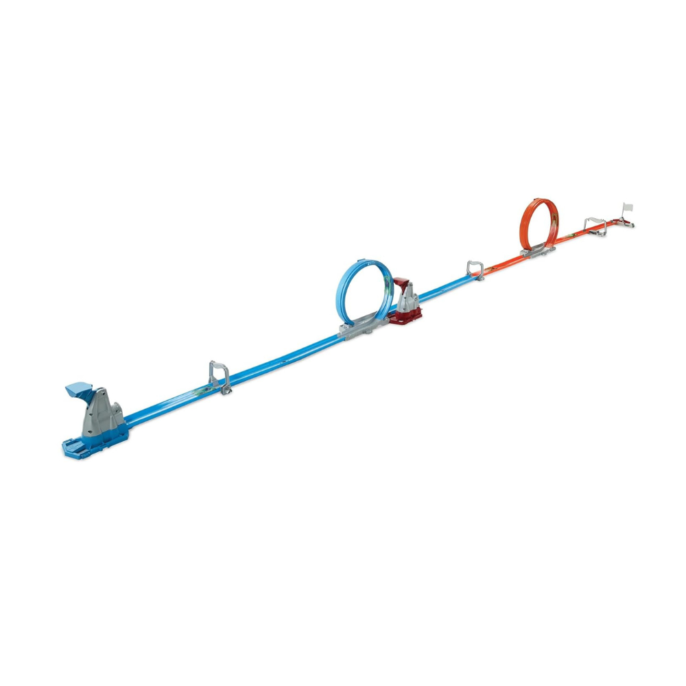 Hot Wheels Double Loop Dash Straight Track Large Loops and 2 1:64 Scale Toy Cars