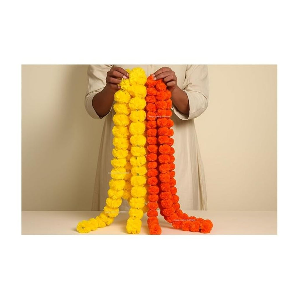 Artificial Fluffy Marigold Flower Garlands 3 Yellow + 3 Orange 6 Pieces
