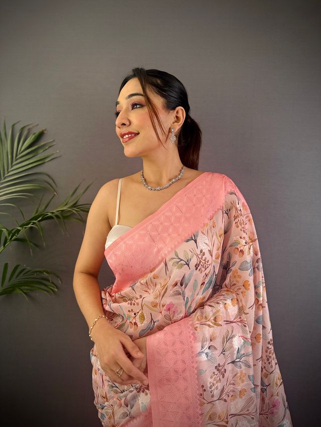 Elora Rose Pink Silk Floral Motifs Coppery Tone Contrast Floral Border Banarasi Saree