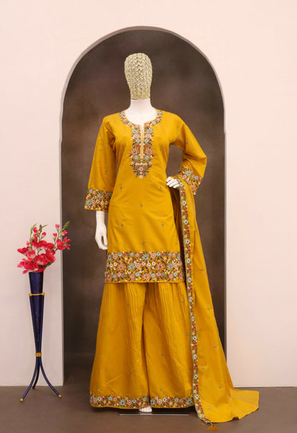 Anaita Mustard Simar with Embroidery Multi & Zarkhan Work Readymade Palazzo suit