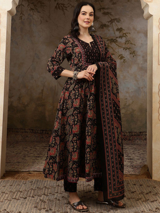Sangria Black Floral Printed Pure Cotton Anarkali Kurta With Trousers & Dupatta