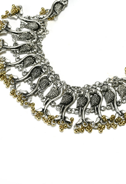 Mominos Fashion Johar Kamal Oxidised Silver-Plated Brass Finish Peacock Choker For Women (Silver/Golden)