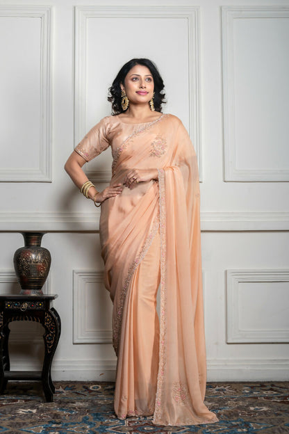 Morchari Beige Chiffon Hand Embroidery Saree And Stitched Blouse