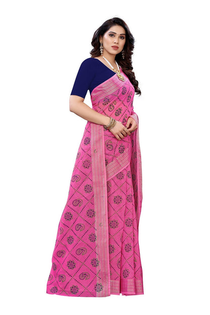Vamika Pink and Blue Linen Jari Border Saree (CHARVI PINK)