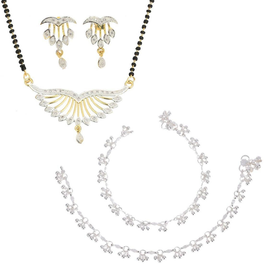 AanyaCentric Gold-Polished Mangalsutra Pendant Earring Set & Silver Plated Anklet