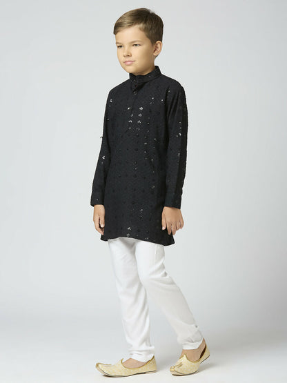 Joban Fashion Kids Island Full Sleeves Cotton Kurta and Pyjama Set with Sequin work - Black