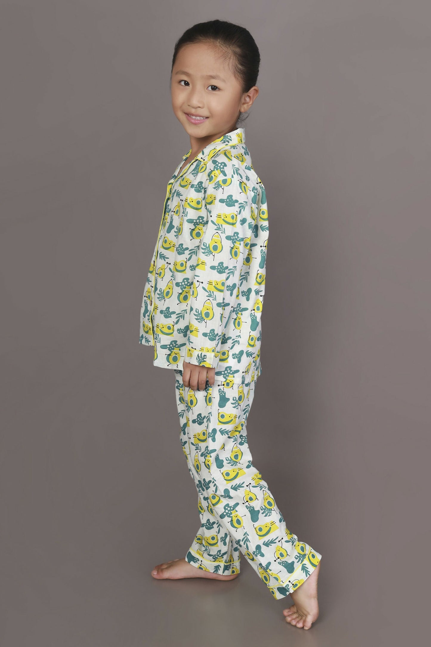 Breathables Kids Cotton Night Suit – White Avocado Print Shirt & Pyjama Co-Ord Set For Boys & Girls