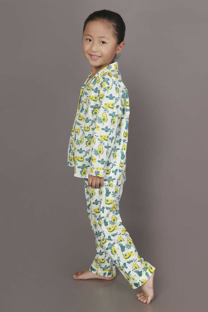 Breathables Kids Cotton Night Suit – White Avocado Print Shirt & Pyjama Co-Ord Set For Boys & Girls